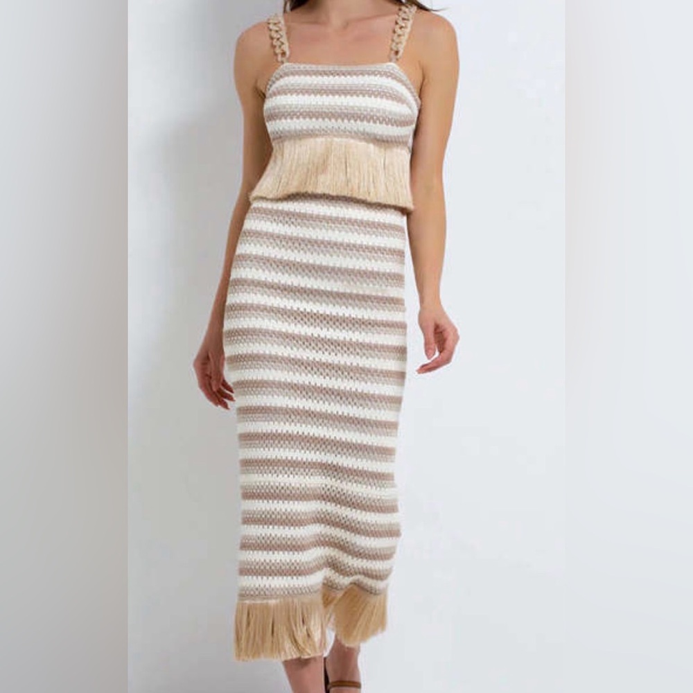 PatBO Beige and White Striped crochet top and skirt set